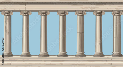 Set of classical ancient Greek or Roman marble columns with intricate capitals under a clear blue sky.