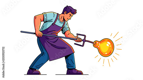Schilderij op canvas Glassblower at Work: A skilled artisan, dressed in an apron, meticulously shapes molten glass with a blowpipe, radiating warmth and creativity