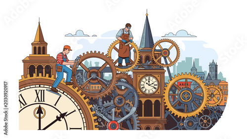 Clockwork Cityscape: An intricate illustration depicting workers assembling a giant clock mechanism against a backdrop of stylized city buildings and towers.