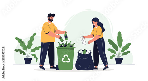 Young man and woman working together to sort glass and plastic bottles into a green recycling bin to promote environmental sustainability and care.