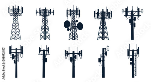 Detailed silhouettes of telecommunication masts and wireless communication antennas showing various structural designs and dish attachments for tech use.