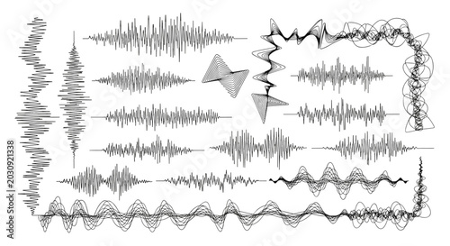 Abstract collection of various sound waves, audio frequencies, and digital signal patterns for music production and technology-related design concepts.