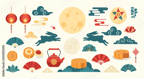 Traditional Mid-Autumn Festival illustrations including jade rabbits mooncakes lanterns clouds and decorative elements on a light background.