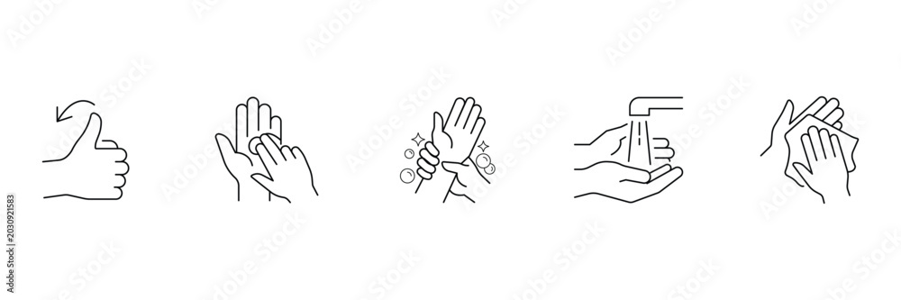 Obraz premium Hand washing steps line icons vector set for hygiene guidance and skin protection illustration.