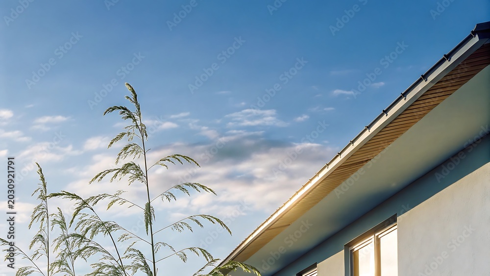 Fototapeta premium Modern House Roof With Tall Ornamental Grass Under Clear Sky