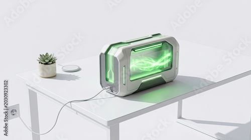 Sleek Modern Desktop PC with Vibrant Green Internal Lighting on White Table.