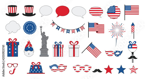 Colorful collection of american independence day symbols and decorative items for the fourth of july holiday celebration.