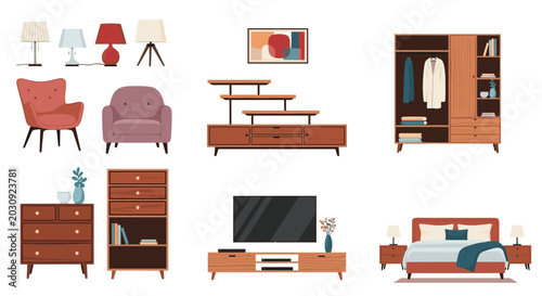 Comprehensive collection of home furniture icons featuring various styles of beds wardrobes chairs and lighting fixtures.