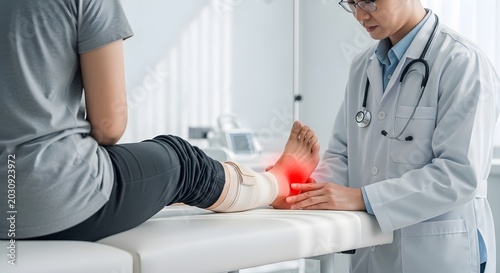 Foot injury examination and medical bandaging. Podiatry and clinical rehabilitation. Doctor checking a patient's injured foot with red glow on exam table