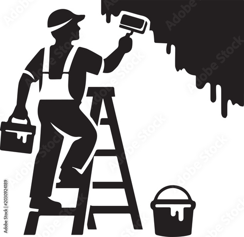 Painter with roller brush climbing ladder for painting work illustration