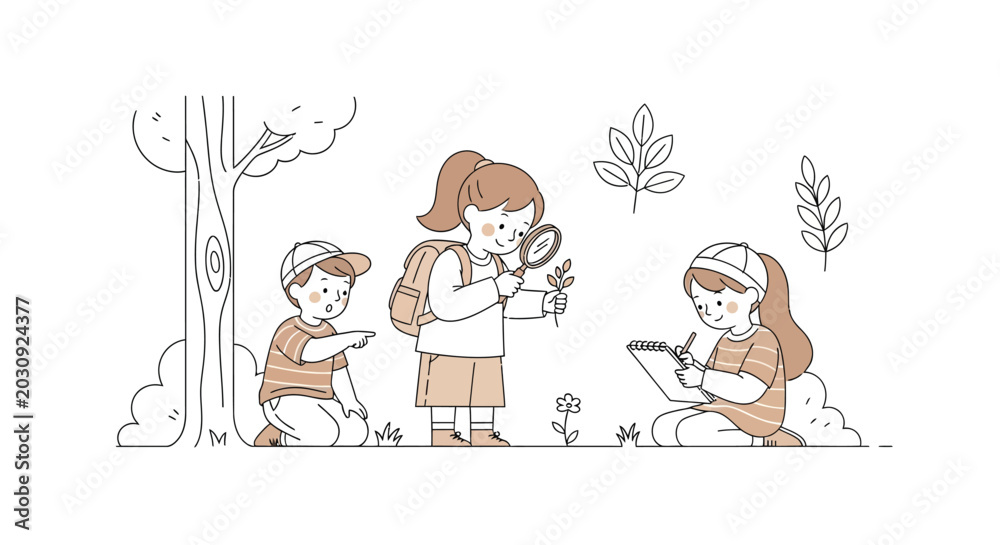 Naklejka premium children exploring nature with magnifying glass line art silhouette