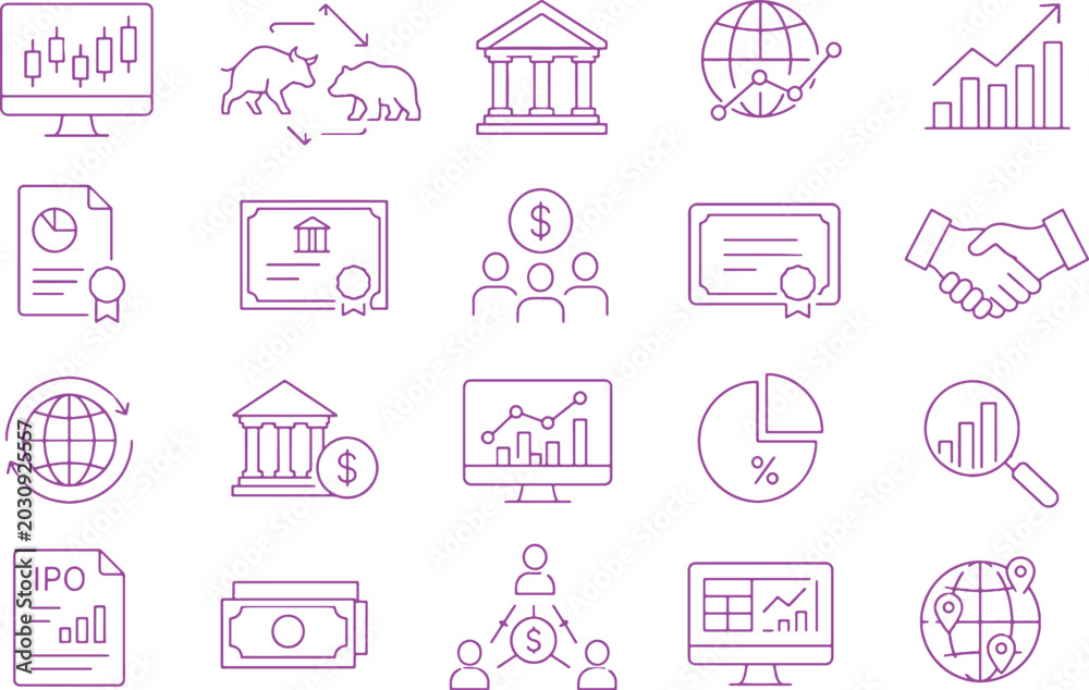 Obraz premium Capital Market Icon Collection Minimalist Financial Trading And Investment Vector Outline Set