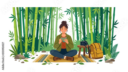 Foto A Moment of Serenity: A young woman finds tranquility amidst a lush bamboo forest, enjoying a quiet moment with a beverage and her camera