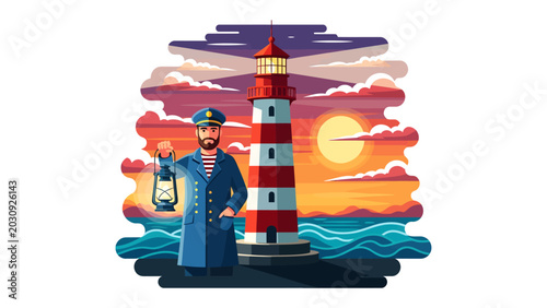 Schilderij op canvas A Mariner's Vigil: A stoic mariner, lantern in hand, stands guard beside a towering lighthouse as the sun dips below a vibrant, cloud-streaked horizon over a churning sea