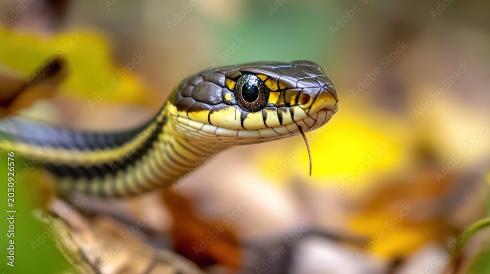 Obraz premium Detailed portrait of a garter snake with its tongue extended among autumn leaves.
