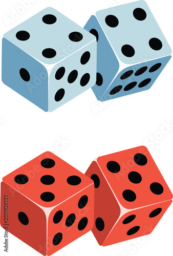 Red and blue game dice vector illustration, pairs of gambling cubes isolated on white background