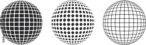 Abstract 3d grid globe spheres vector set, black geometric halftone icons on white background