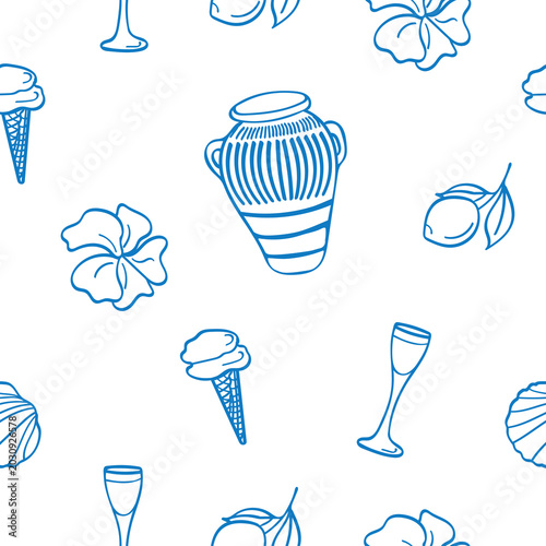 Amalfi summer doodle pattern. Blue coastal drawings of gelato, citrus, flowers, shells and drink. Italian riviera aesthetic, Positano Capri inspired seamless