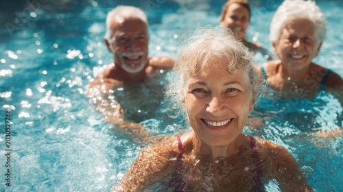 Medicare advantage. A group of seniors exercising together in a clear blue pool doing water aerobics.