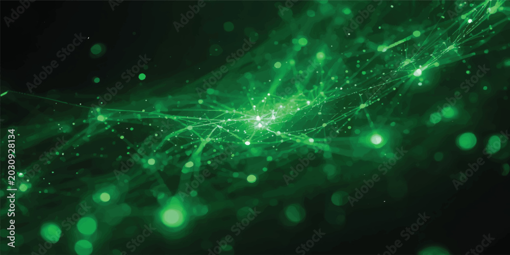 Obraz premium Abstract green and blue digital art background featuring energy waves and fractal line patterns with glowing technology particles in motion