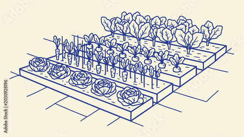 Foto Cultivated garden beds with rows of vegetables and flowers in blue line art