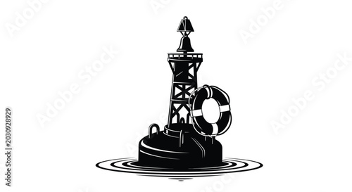 Foto Lighthouse with life preserver and waves black and white silhouette