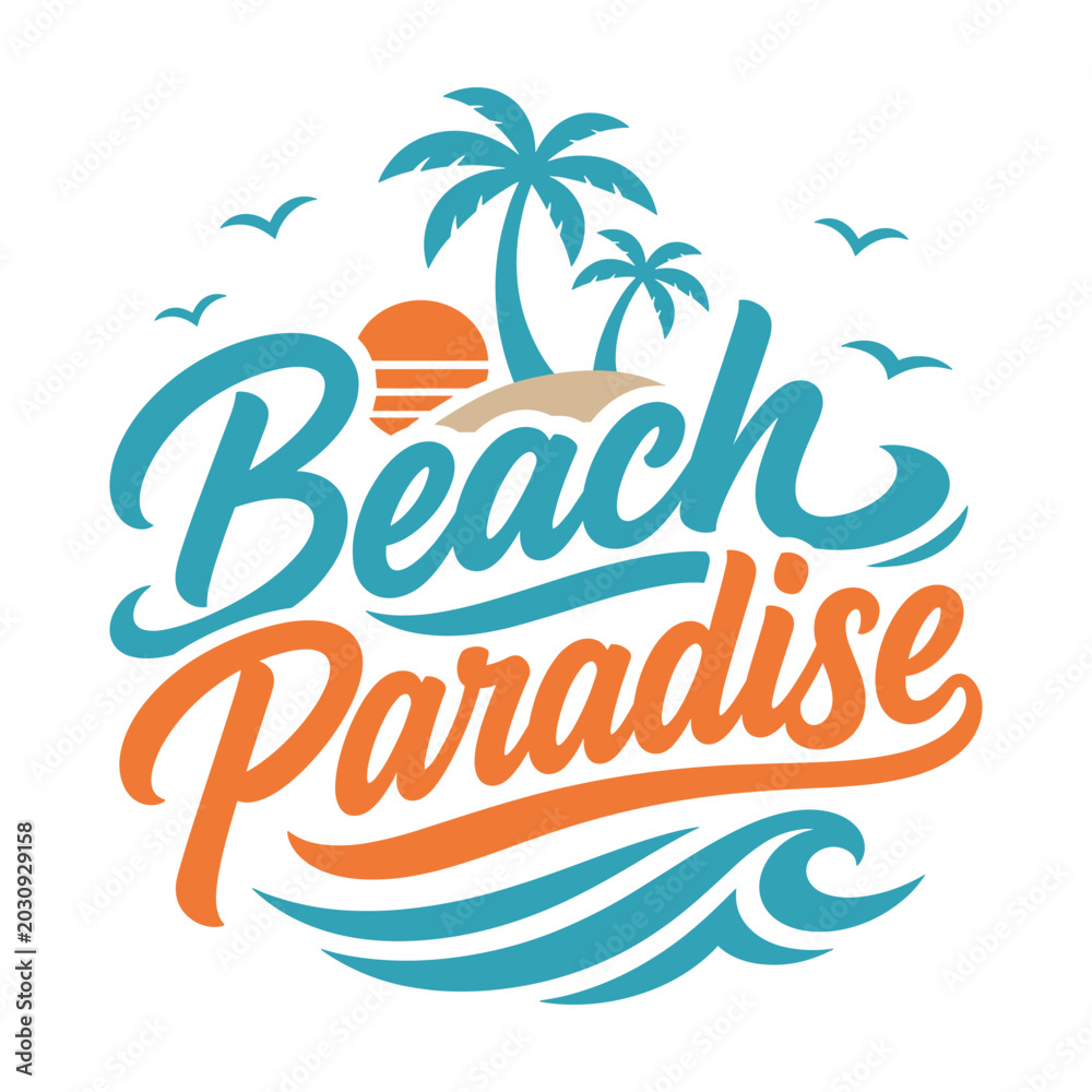 Obraz premium Beach paradise typography design with palm trees ocean wave and flying birds icon.