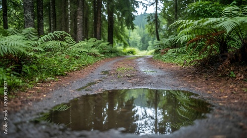 Serene forest path with a large puddle reflecting the surrounding trees and greenery on a cloudy day
