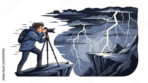 Obraz na plátně Storm Chaser Photographer: A determined photographer, equipped with a tripod and camera, captures the dramatic spectacle of a powerful lightning storm over rugged cliffs
