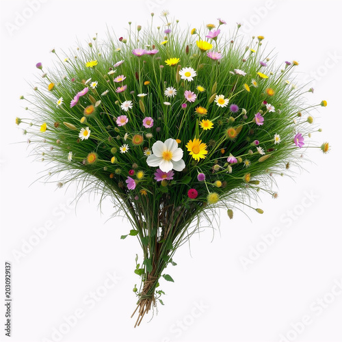 Colorful wildflower bouquet in natural outdoor setting with soft sunlight and green grass background