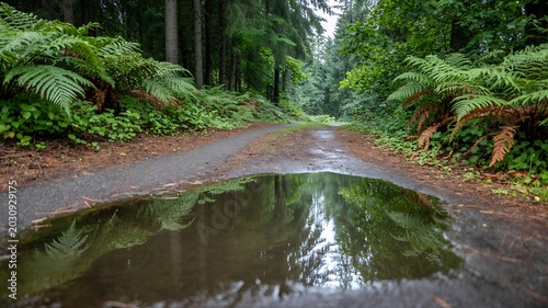 Serene forest road with a large puddle reflecting the lush green surroundings on a rainy day