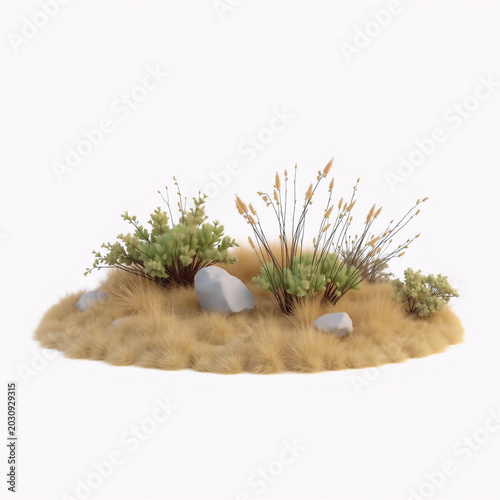 Small succulent plants growing in sandy desert soil with scattered rocks and dry grass