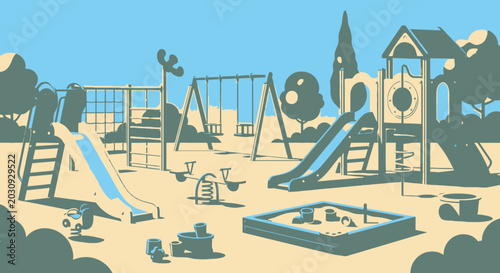Foto Playground illustration slides swings sandpit trees in day light graphic style
