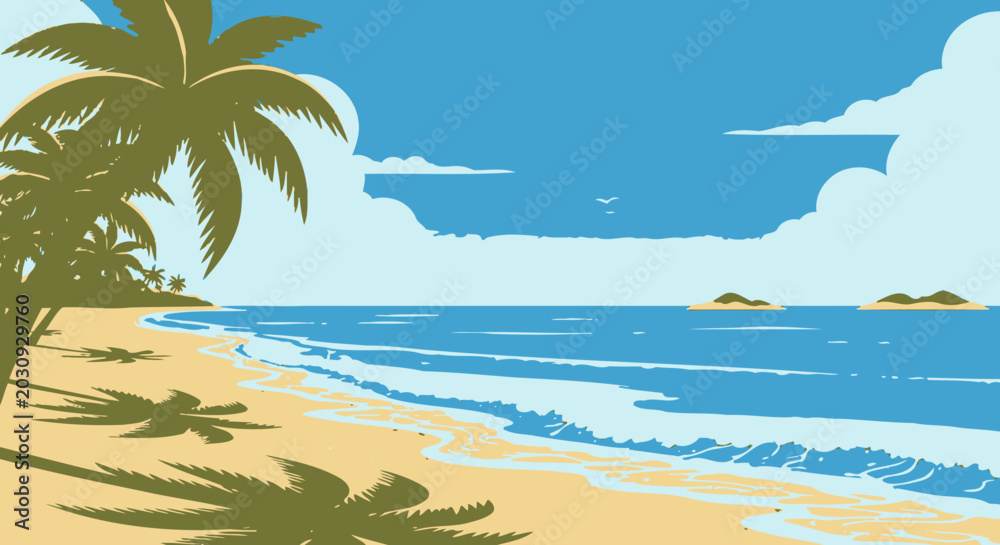 Obraz premium Beach scene with palm trees ocean blue sky and clouds in sunny daylight