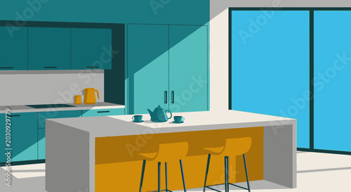 Foto Modern kitchen interior illustration with teal cabinetry and yellow accents