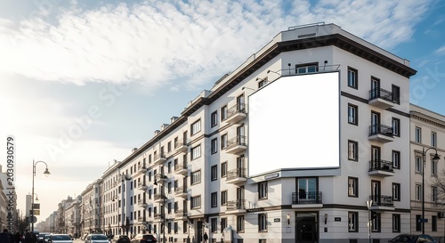 Blank corner billboard mounted on a white architectural building facade under a bright day sky for outdoor advertising campaigns