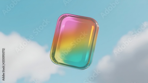 Vibrant, rainbow-colored object floats in the sky among fluffy white clouds.