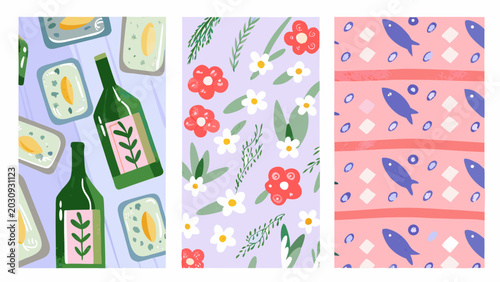 Foto Seafood and floral pattern illustration featuring sardines anchovies bottles and