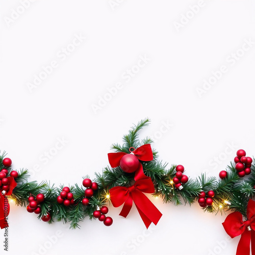 Christmas garland with red bows and baubles on snowy white background festive decoration