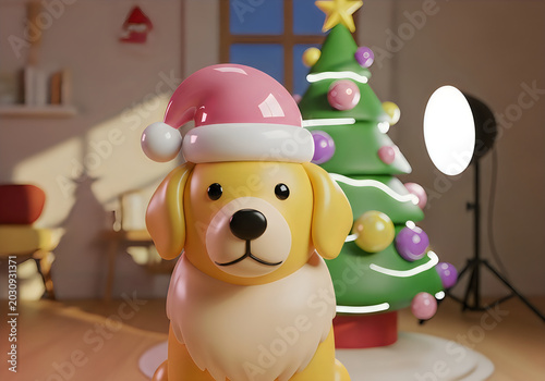 Golden retriever dog wearing pink santa hat by christmas tree