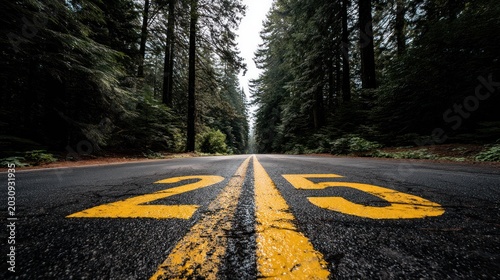 Road markings on asphalt road with trees on either side symbolizing forward motion