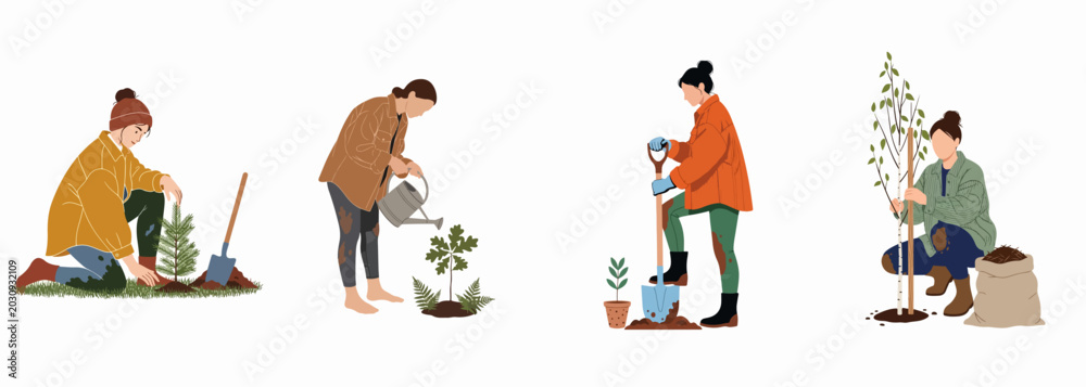 Fototapeta premium Set of flat vector illustrations of women planting trees, gardening, and caring for the environment on a white background.