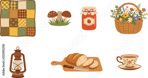 Cottagecore elements set with patchwork quilt mushrooms jam jar flower basket lantern bread and teacup isolated on white background flat vector illustration