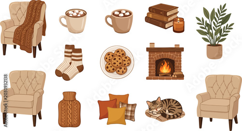 Obraz na płótnie Cozy winter hygge lifestyle elements set flat vector illustration sticker collec