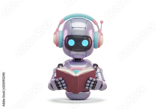 Cute robot reading a book with headphones on
