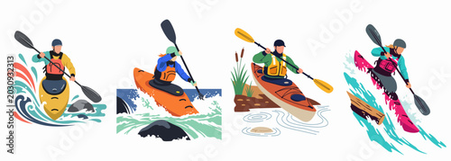Tableau sur toile Set of four vector illustrations showing people kayaking in different water environments including rivers, rapids, and ocean waves for outdoor adventure