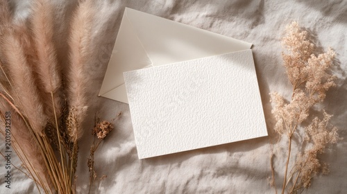 Blank card with envelope on textured linen background and dry plants