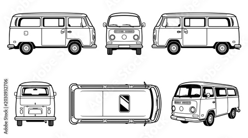 Volkswagen van set with multiple views and open door illustration featuring side view, front view, rear view with black and white and line drawing