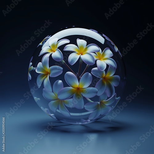 Beautiful glass paperweight with white flowers and yellow centers on a dark blue background