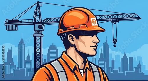Male construction worker with crane and city skyline illustration